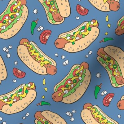 Hot Dogs Fast Food On Navy Blue