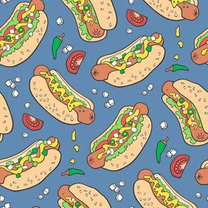 Hot Dogs Fast Food On Navy Blue