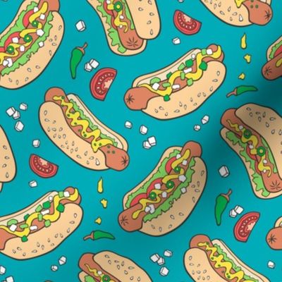 Hot Dogs Fast Food On Dark Blue