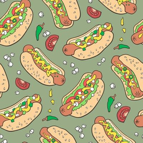 Hot Dogs Fast Food On Olive Green