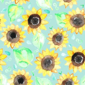 Cheerful Watercolor Sunflowers on Soft Teal