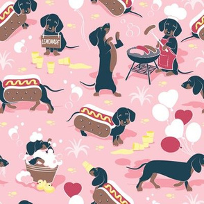 Small scale // Hot dogs and lemonade // pastel pink background Dachshund sausage dogs