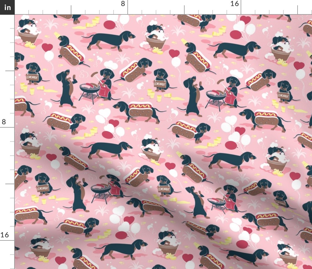 Small scale // Hot dogs and lemonade // pastel pink background Dachshund sausage dogs
