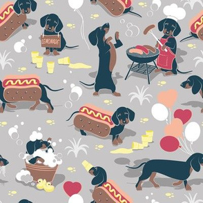 Small scale // Hot dogs and lemonade // grey taupe background Dachshund sausage dogs