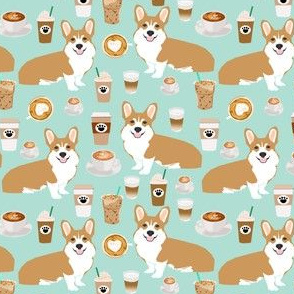 SMALL - corgis and coffee mint latte fabric cute cafe fabric coffee fabrics cute mint cafe latte fabrics