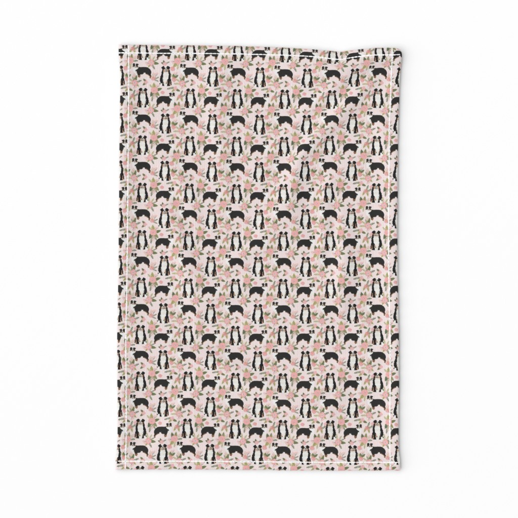 TINY - tricolored aussie dog floral fabric - cute dog breeds fabric, dog breed floral fabric, australian shepherd fabric - pink