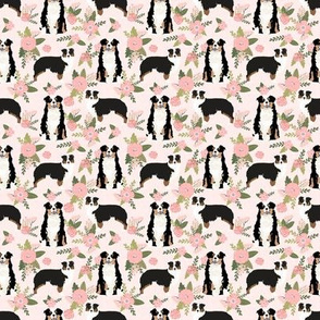 TINY - tricolored aussie dog floral fabric - cute dog breeds fabric, dog breed floral fabric, australian shepherd fabric - pink