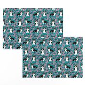 corgi tricolored cherry blossom fabric, sakura fabric, corgi fabric, corgi cherry blossom fabric, cute dog cherry blossoms - teal