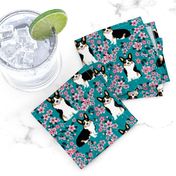 corgi tricolored cherry blossom fabric, sakura fabric, corgi fabric, corgi cherry blossom fabric, cute dog cherry blossoms - teal