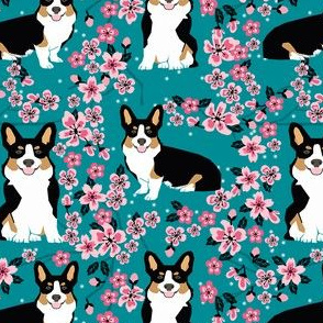 corgi tricolored cherry blossom fabric, sakura fabric, corgi fabric, corgi cherry blossom fabric, cute dog cherry blossoms - teal