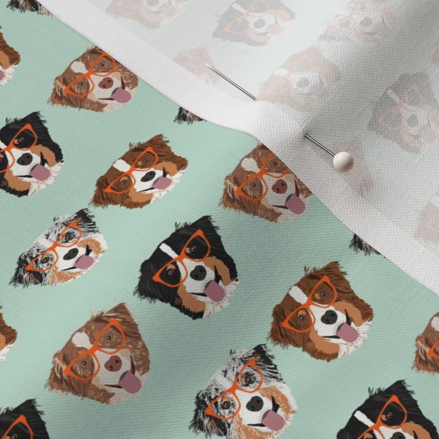 SMALL - australian shepherds glasses fabric - cute dogs and glasses design - mint