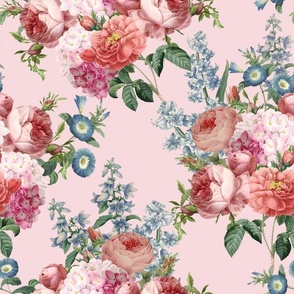 Nostalgic Pink Roses, Hydrangea Lilacs Springflowers, Antique Flowers Bouquets,vintage home decor,  English Roses Fabric pink