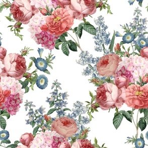 Nostalgic Pink Roses, Hydrangea Lilacs Springflowers, Antique Flowers Bouquets,vintage home decor,  English Roses Fabric white