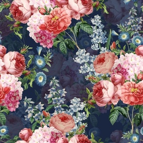 Nostalgic Pink Roses, Hydrangea Lilacs Springflowers, Antique Flowers Bouquets,vintage home decor,  English Roses Fabric dark blue double layer