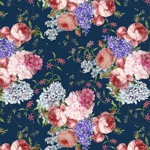 Nostalgic Pink Roses, Hydrangea Lilacs Wildflowers, Antique Flowers Bouquets,vintage home decor,  English Roses Fabric dark blue