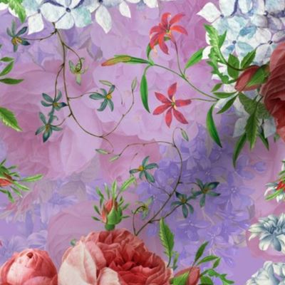 Nostalgic Pink Roses, Hydrangea Lilacs Springflowers, Antique Flowers Bouquets,vintage home decor,  English Roses Fabric light purple