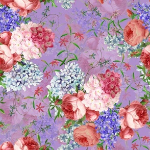 Nostalgic Pink Roses, Hydrangea Lilacs Springflowers, Antique Flowers Bouquets,vintage home decor,  English Roses Fabric light purple