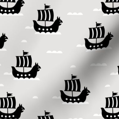 Little viking hero sea waves and vikings sailing boat cute ship design beige monochrome