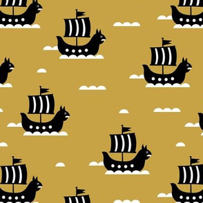 Little viking hero sea waves and vikings sailing boat cute ship design ochre yellow