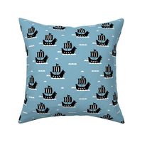 Little viking hero sea waves and vikings sailing boat cute ship design cool blue winter