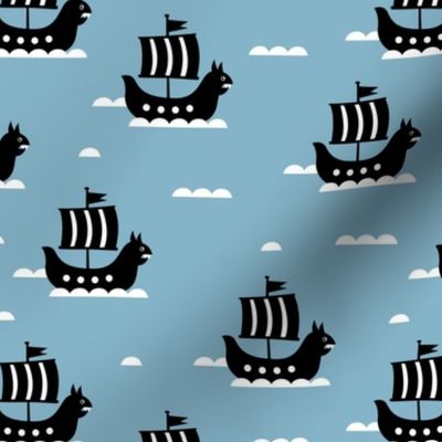 Little viking hero sea waves and vikings sailing boat cute ship design cool blue winter