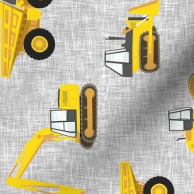 (large scale) construction trucks - yellow on grey linen C19BS (90)