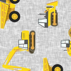 (large scale) construction trucks - yellow on grey linen C19BS (90)