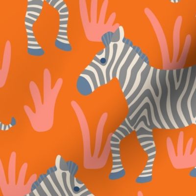 Zebra Stripes Wild Zoo Animal Fauna in Blue Gray on Bright Coral Orange  - UnBlink Studio by Jackie Tahara