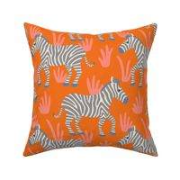 Zebra Stripes Wild Zoo Animal Fauna in Blue Gray on Bright Coral Orange  - UnBlink Studio by Jackie Tahara