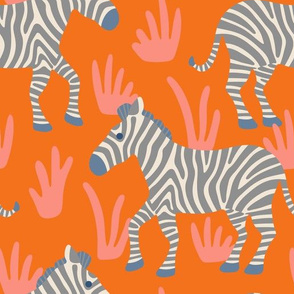 Zebra Stripes Wild Zoo Animal Fauna in Blue Gray on Bright Coral Orange  - UnBlink Studio by Jackie Tahara