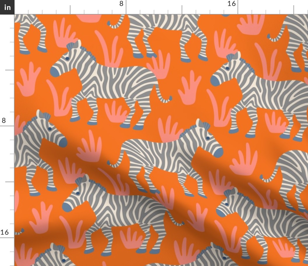 Zebra Stripes Wild Zoo Animal Fauna in Blue Gray on Bright Coral Orange  - UnBlink Studio by Jackie Tahara