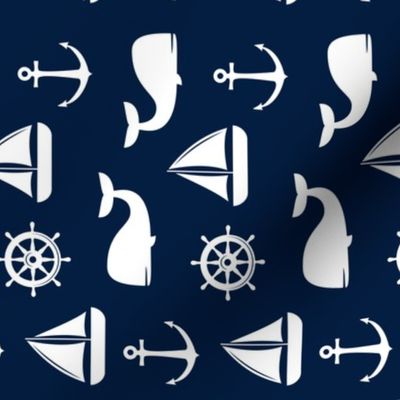 nautical on navy - whale, sailboat, anchor,  wheel (90) C19BS