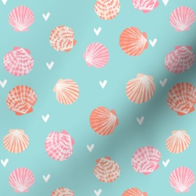 SMALL - seashells fabric // girls mermaid sea shell design - peach on blue