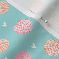 SMALL - seashells fabric // girls mermaid sea shell design - peach on blue