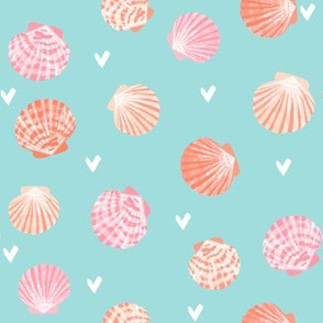 SMALL - seashells fabric // girls mermaid sea shell design - peach on blue