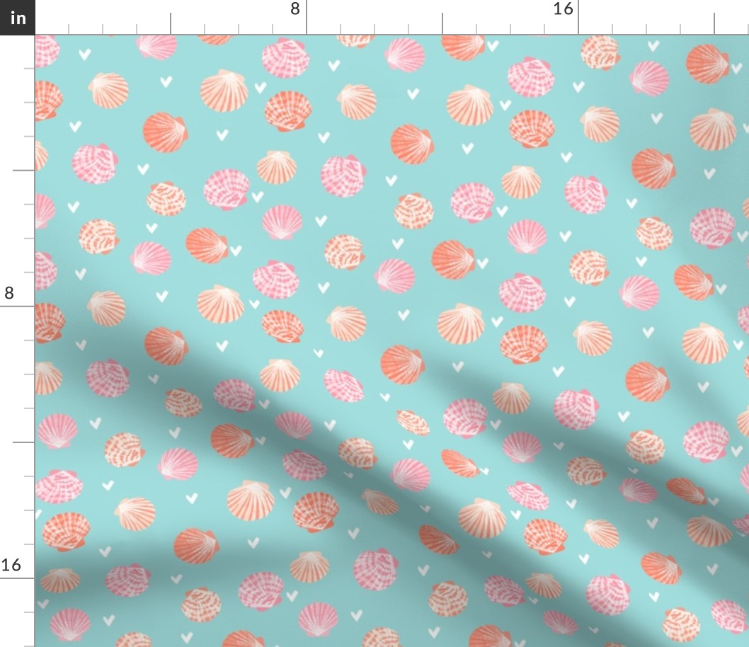 SMALL - seashells fabric // girls mermaid sea shell design - peach on blue