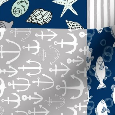 nautical cheater quilt // wholecloth navy mint and grey nautical fabric