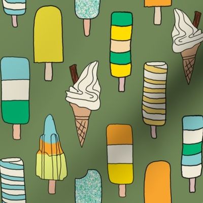 icecream fabric // - al19, food fabric, ice creams fabric, british ice cream fabric, 99 fabric, flake fabric, ice cream cones - dark green