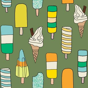 icecream fabric // - al19, food fabric, ice creams fabric, british ice cream fabric, 99 fabric, flake fabric, ice cream cones - dark green