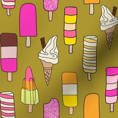 icecream fabric // - al19, food fabric, ice creams fabric, british ice cream fabric, 99 fabric, flake fabric, ice cream cones -olive