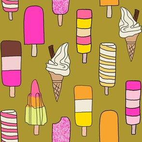 icecream fabric // - al19, food fabric, ice creams fabric, british ice cream fabric, 99 fabric, flake fabric, ice cream cones -olive