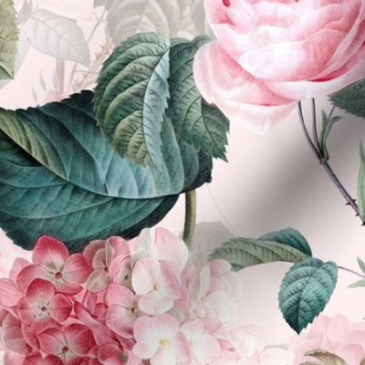 Nostalgic Pink Roses, Hydrangea , Antique Flowers Bouquets,vintage home decor,  English Roses Fabric light blush pink