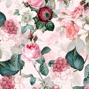 Nostalgic Pink Roses, Hydrangea , Antique Flowers Bouquets,vintage home decor,  English Roses Fabric light blush pink