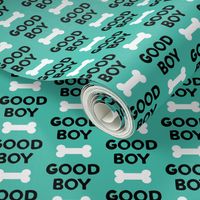 Good boy - dog bone - typography - black on teal -  LAD19