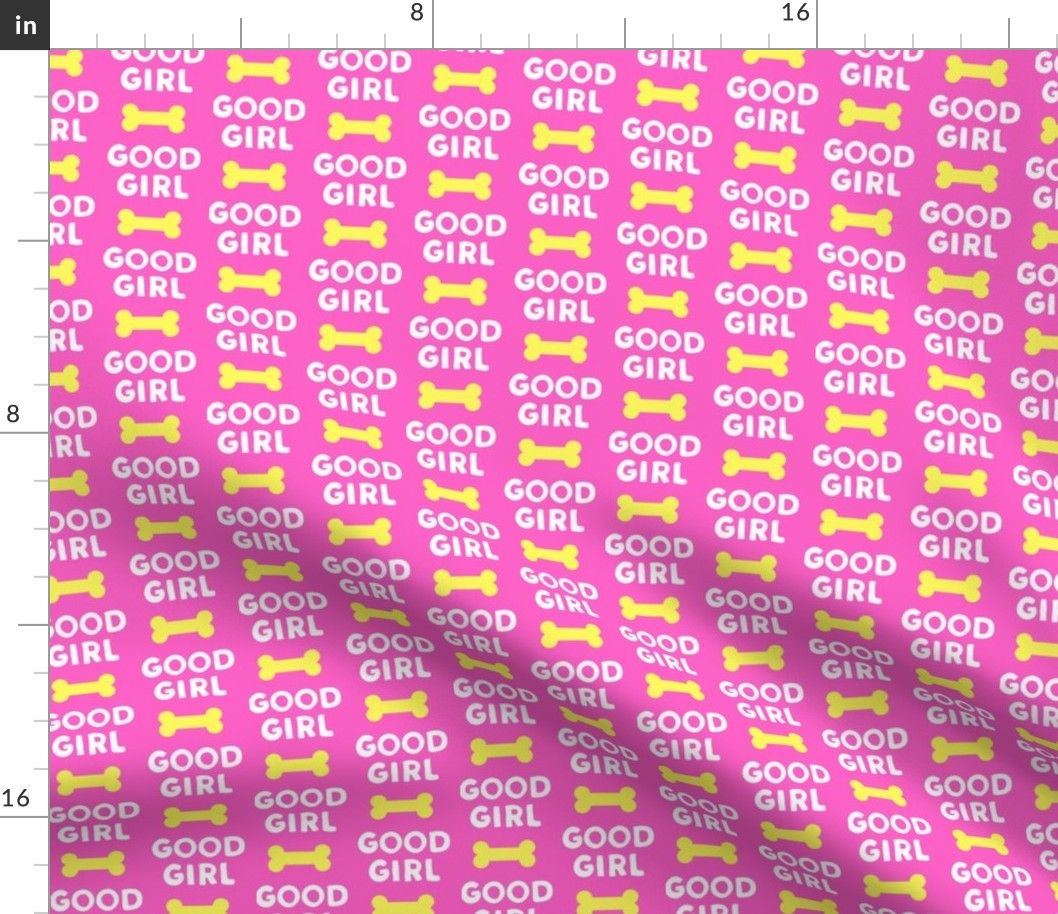 Good girl - dog bone - typography - yellow on pink-  LAD19