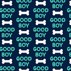 Good boy - dog bone - typography - aqua on navy -  LAD19