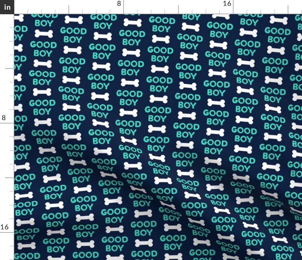 Good boy - dog bone - typography - aqua on navy -  LAD19