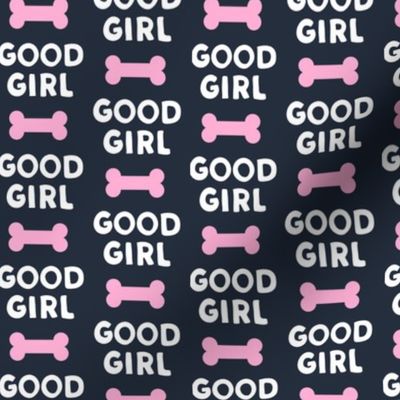 Good girl - dog bone - typography - pink on blue -  LAD19