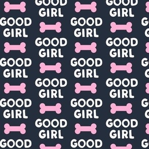 Good girl - dog bone - typography - pink on blue -  LAD19