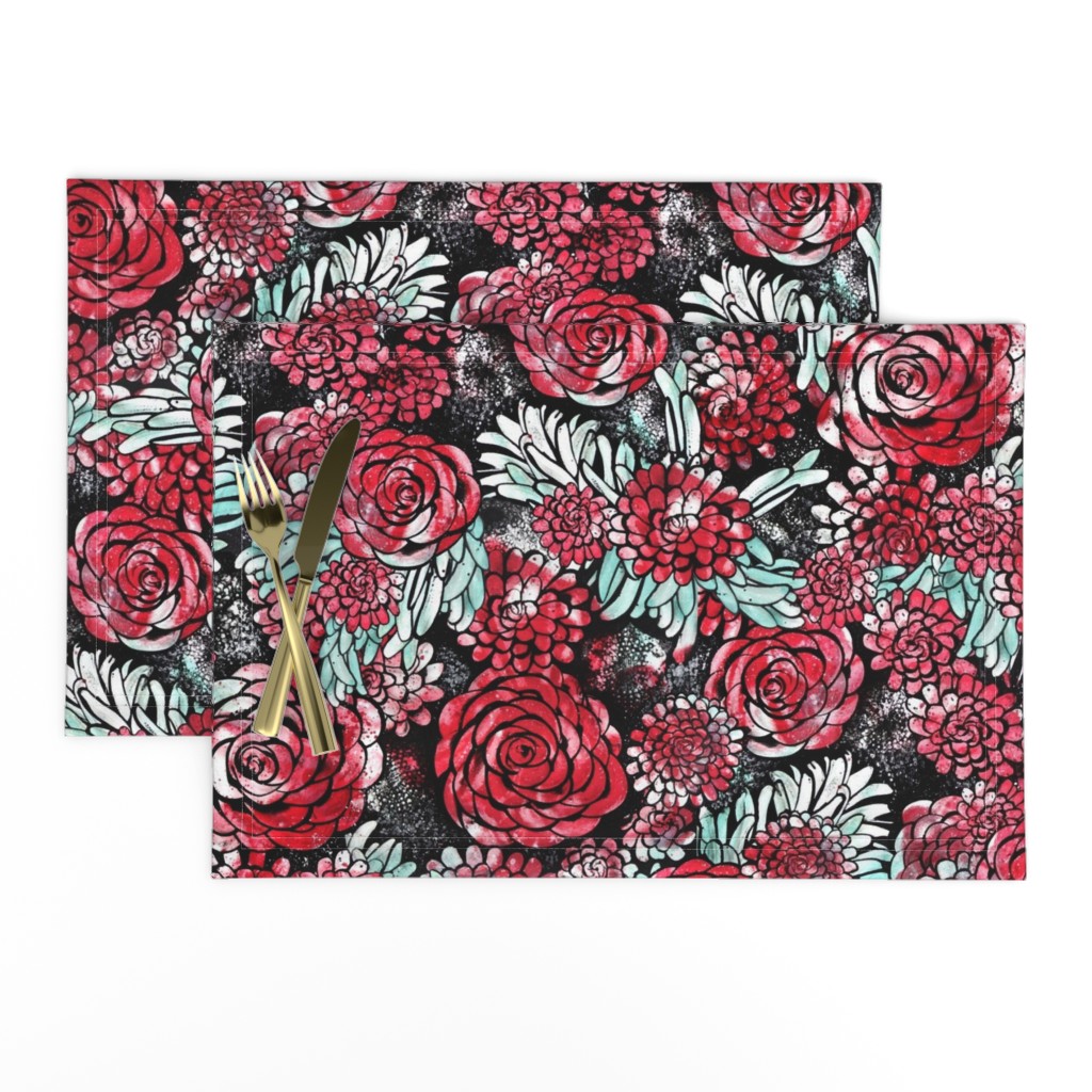 Large Scale Floral Roses and Dahlias in Black, Red, Teal